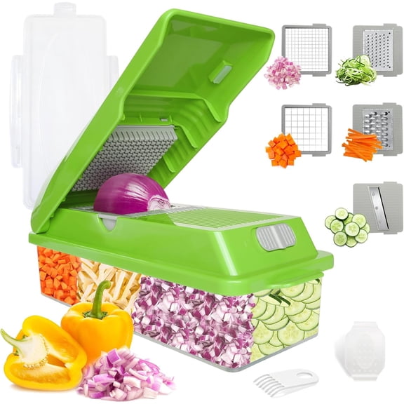 Professional Multifunctional Vegetable Chopper Pro Food Chopper with Food Storage Containers, Mandoline Slicer Onion Dicer Fruit Cutter, Kitchen Gadgets and Home Essentials(7 in 1, Green)