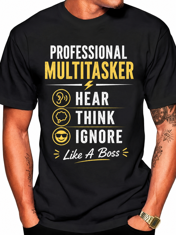 Professional Multitasker Funny Graphic T-Shirt for Men, Humorous Quote Tee, Casual Short Sleeve Crewneck Cotton Blend Shirt, Novelty Gift for Dad, Husband, Coworker