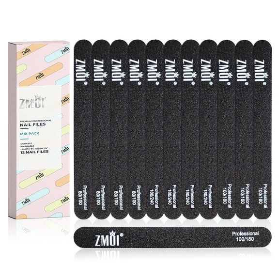 Professional Nail Files Black Washable 12 Fingernail Files for Natural/Acrylic Nails Waterproof and Durable Design Rounded Ends Ergonomic and Practical Ideal for Salon, Home Use (Mix Pack)
