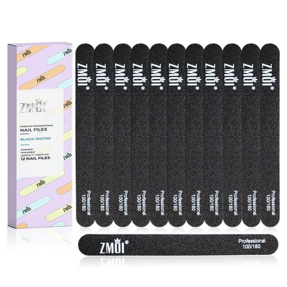 Professional Nail Files Black Washable 12 Fingernail Files for Natural/Acrylic Nails Waterproof and Durable Design Rounded Ends Ergonomic and Practical Ideal for Salon, Home Use (100/180)