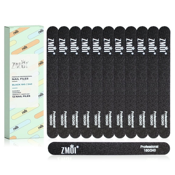 Professional Nail Files Black Washable 12 Fingernail Files Waterproof and Durable Design Rounded Ends Ergonomic and Practical Ideal for Salon, Home Use (180/240)