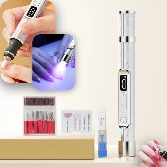 Professional Nail Grinder 20000 RPM Electric Nail File with UV Curing Light, Rechargeable Pedicure Tool with LED Display, 3 Speeds, 12 Grinding Heads for Nail Repair & Polishing