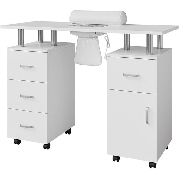 Professional Nail Tech Station with Electric Downdraft Vent, Locking Casters & Storage Drawers, 43” Salon Manicure Table with Wrist Cushion & Dust Collector
