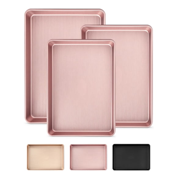 Professional Non-Stick Baking Sheets Set, 3-Piece Heavy Duty Carbon Steel Cookie Sheets with Oven Safe & Even Heating for Baking, Roasting, Cooking (Pink)