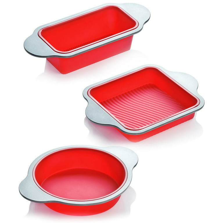 Professional Non-Stick Silicone Bakeware Set - 3 Oven Safe Pans: 8.5  Round, Square, and Bread Loaf 