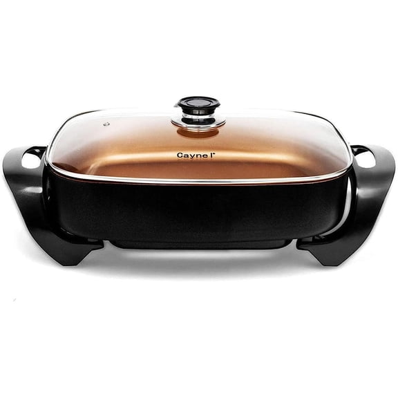 Professional Non-stick Copper Electric Skillet Jumbo, Deep Dish with Tempered Glass Vented Lid, Upgrade Thermostat, 16x 12x 3.15- 8 quart