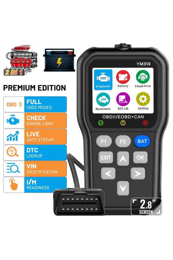 OBD2 Scanner, Car Code Reader Diagnostic Tool with Battery Tester, Check Engine Code Reader with Live Data, Cloud Printing, DTC Lookup, Freeze Frame, Car Scanner for All Vehicles Since 1996