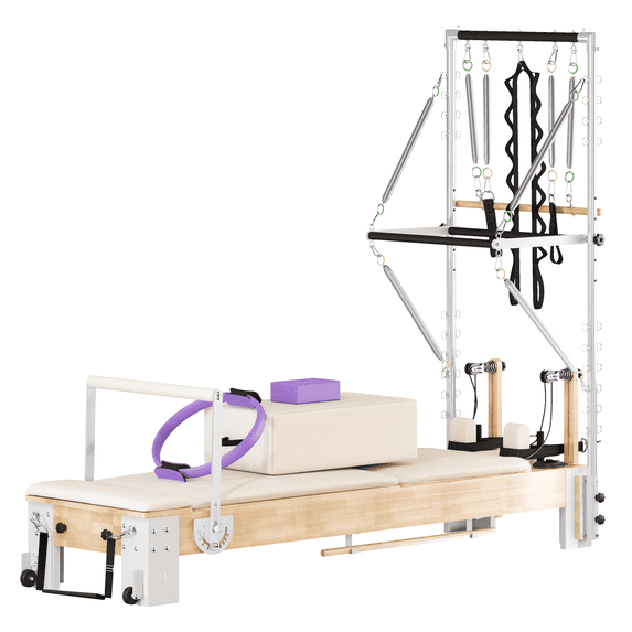 Pilates Reformer Machine, Wooden Reformer Pilates Machine with Tower & Mat, 2-in-1 Professional Pilates Equipment for Home Gym and Studio, Includes Sitting Box, Jumpboard