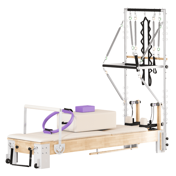 Pilates Reformer Machine, Wooden Reformer Pilates Machine with Tower & Mat, 2-in-1 Professional Pilates Equipment for Home Gym and Studio, Includes Sitting Box, Jumpboard