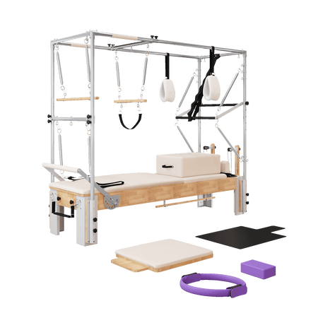 3-in-1 Pilates Reformer, Solid Wood Cadillac Trapeze Table for Home Studio, 800lb Capacity Professional Machine with Jump Board, Sitting Box & Silent Springs