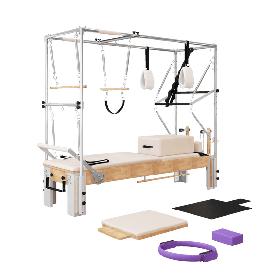 3-in-1 Pilates Reformer, Solid Wood Cadillac Trapeze Table for Home Studio, 800lb Capacity Professional Machine with Jump Board, Sitting Box & Silent Springs
