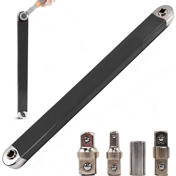 Professional Offset Extension Wrench & Ratchet Spanner Set, Includes 4 Adapters/Black