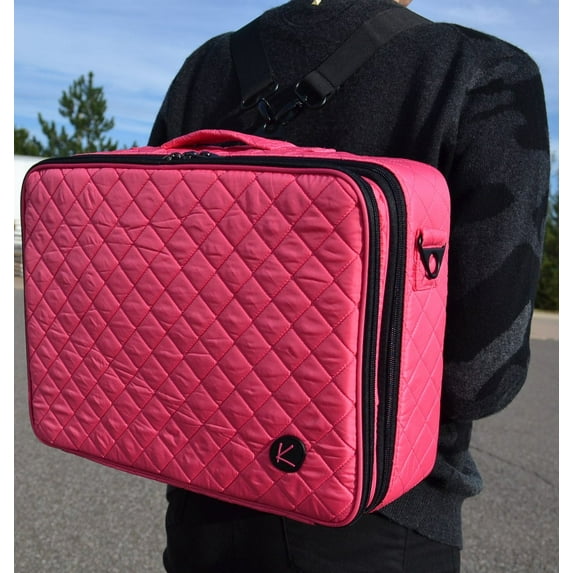 Professional On The Go Makeup Train Case Cosmetic Travel Storage Organizer Bag with Dividers and Brush Pockets (Pink)