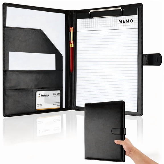 Professional Padfolio, Multi Function Faux Leather Portfolio Binder with Clipboard - Interview Resume Folder, Legal Document, Business Card Holder, for Office, Conference, Interviews (Black)