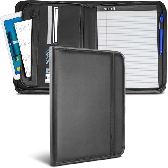 Professional Padfolio with Secure Zippered Closure, 10.1 Inch Tablet Sleeve, and 8.5 by 11 Inch Notepad, Black, Full Size