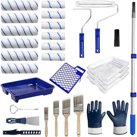 JEXIFY 28-Piece Paint Roller Kit with Extension Pole, 4-Inch and 9-Inch Rollers, Paint Tray, 4 Brushes and Gloves for Walls and Ceilings