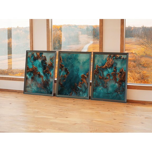 Professional Patina Triptych Modern Turquoise And Copper Gallery Set For Work Space Decorative Wall Art Poster, , Poster Only