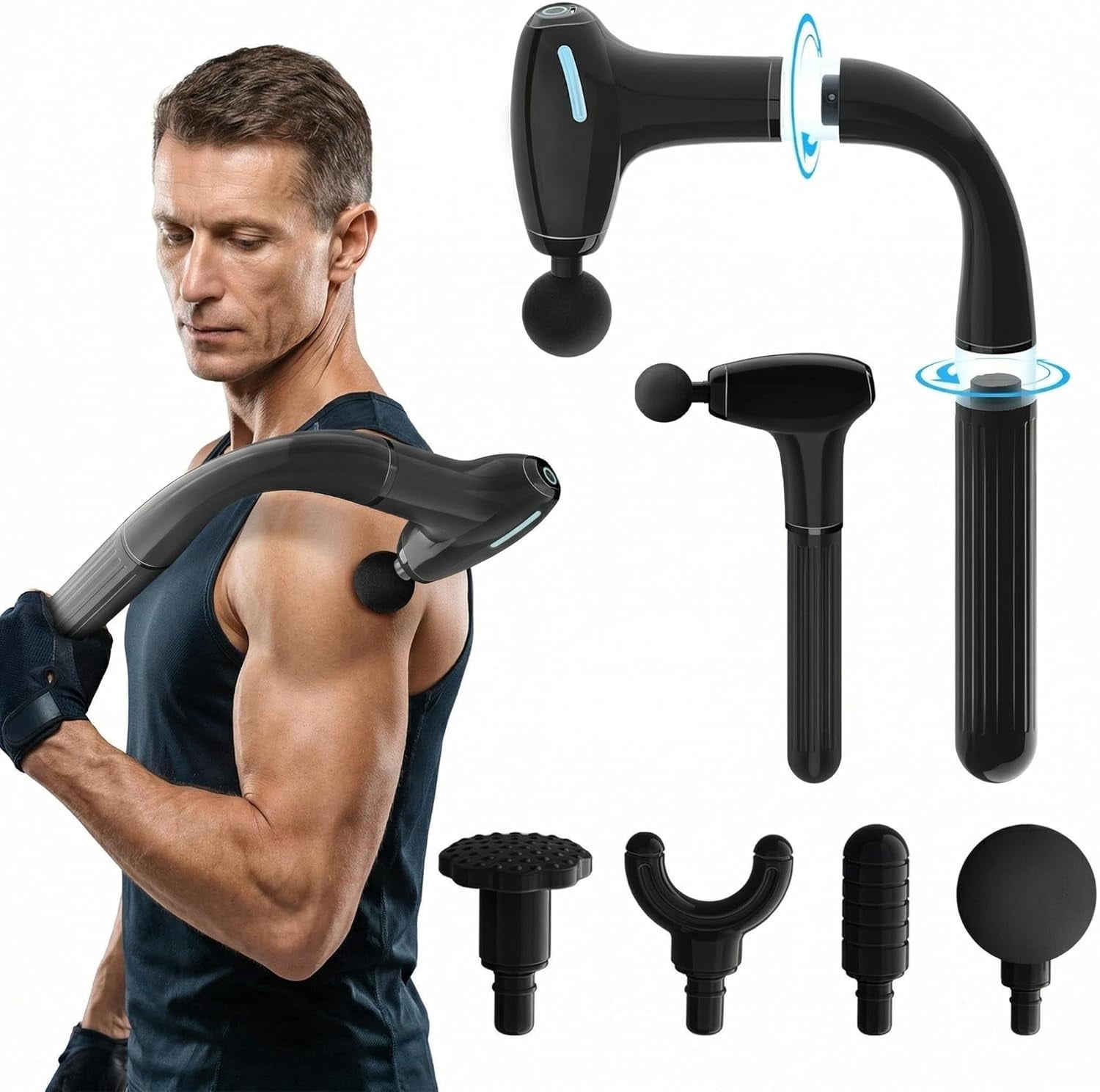 Professional Percussion Massage Gun with Detachable Extension Handle, 2-in-1 Deep Tissue Back Massager for Pain Relief in Shoulder, Neck, Thigh, Waist & Muscles