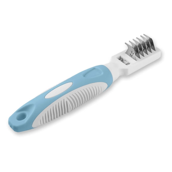 Professional Pet Dematting Tool, Removes Matted Fur Tangles Knots Loose Hair Dirt, Stainless Steel Teeth, Soft Comfort Grip Handle, Gentle Massage for Cats Dogs, Blue
