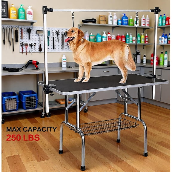 Professional Pet Grooming Table 36in Heavy Duty, Adjustable Grooming Arm with Noose & Storage Basket, Non-Slip Portable Dog Grooming Station for Home or Salon, 300LBS Capacity, Black