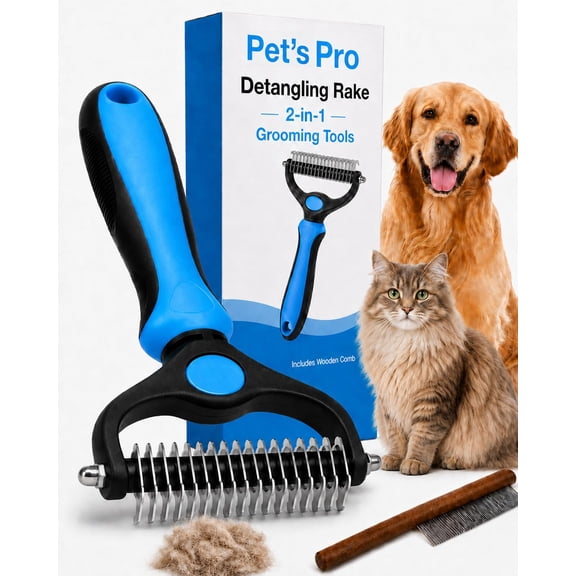Professional Pet Grooming Tools for Dogs and Cats, Double-Sided Undercoat Rake Deshedding Brush and Dematting Comb for Long Hair and Matted Fur