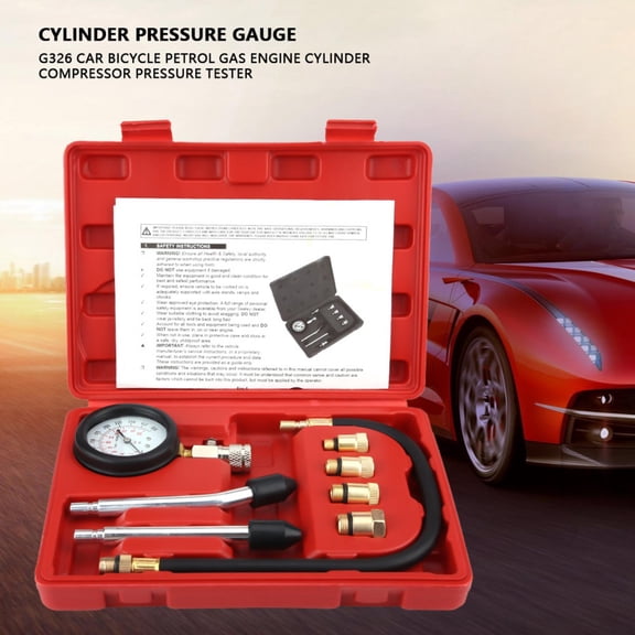 Professional Petrol Engine Cylinder Compression Tester Kit 0-300 PSI Dual Scale Gauge Set with 4 Adapters M10 M12 M14 M18 and Carrying Case