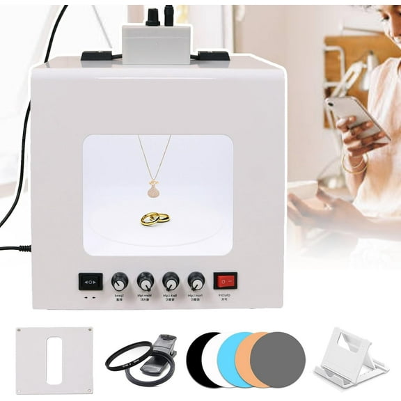 Professional Photo Studio Light Box Kit,with Electric Hanging Rotating Rack&Adjustable Speed Turntable for Necklaces/Earrings/Bracelets,Dimmable Jewelry Shooting Softbox -No Flicker