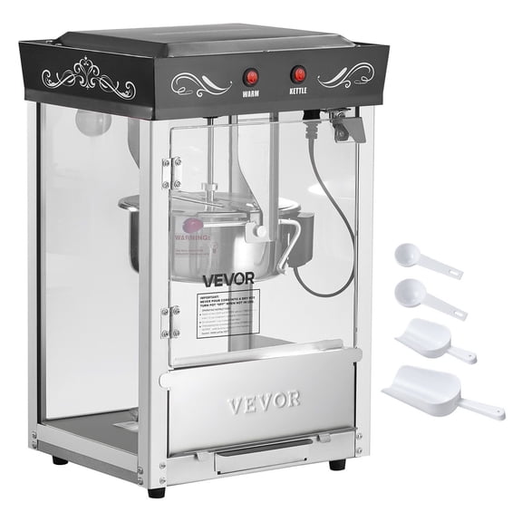 Professional Popcorn Machine Set: 800W 8oz Kettle, 48-Cup Capacity, Glass Wall Door, Includes Scoop & 3 Serving Spoons (Black)