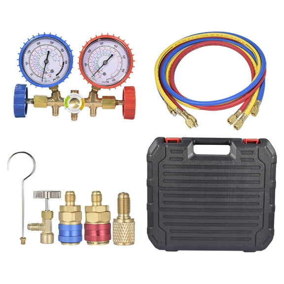 Professional R134A R22 R410A Manifold Gauge Kit, Heavy-Duty Three-Color Hose Set with Storage Case for Industrial Refrigeration and HVAC Technicians