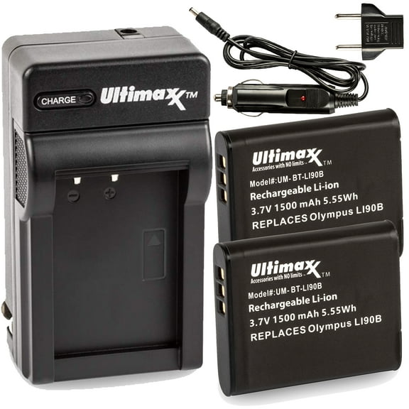 Professional Rapid Travel Charger with 2X LI-90B Extended Life Battery (1500mAh) for Olympus Tough TG-6, TG-5, TG-Tracker, SH-1, SH-2, SP-100 IHS, TG-1 iHS, TG-2 iHS, TG-3, TG-4, SH50 iHS, SH60, XZ-2