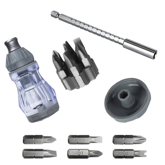 Professional Ratcheting Screwdriver with 6 Steel Bit Ergonomic Rubber Handle