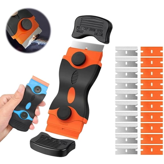 Professional Razor Blade Scraper Tool with 15 Extra Blades, Heavy-Duty Multi-Surface Cleaner for Glass, Stovetops, and Windows, Orange
