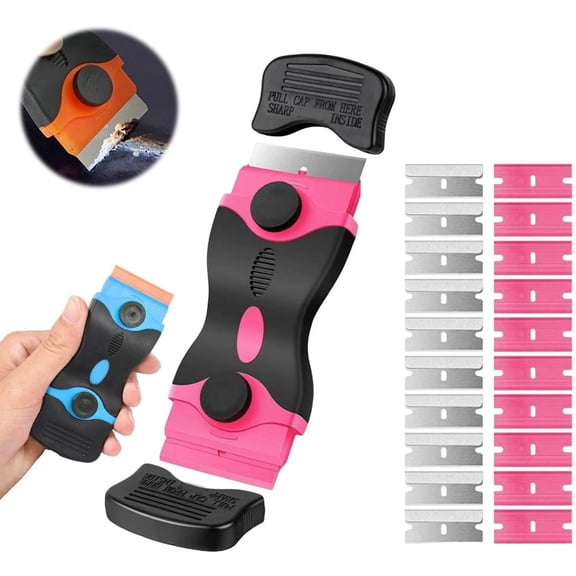Professional Razor Blade Scraper Tool with 15 Extra Blades, Heavy-Duty Multi-Surface Cleaner for Glass, Stovetops, and Windows, Pink