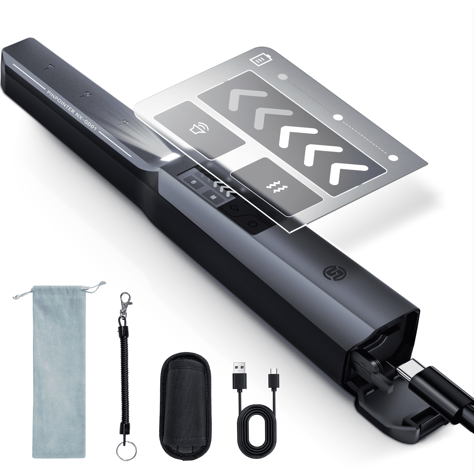 Professional Rechargeable Metal Detector Pinpointer with LCD Screen, Enhanced Chip, 800 mAh Lithium Battery, 4 Detection Modes & 3 SOS Alert Lights