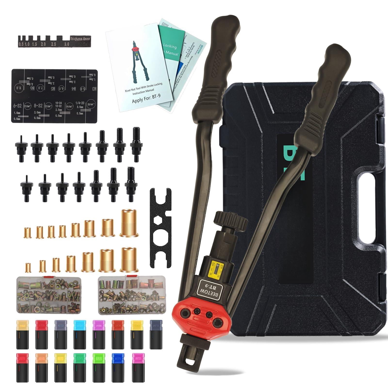 Professional Rivet Nut Tool Kit - 16'' Rivnut With 15 Sae & Metric Mandrels (m3-m12  #6 #8 #10 1/4" 5/16" 3/8" 1/2'') 200 Nutserts Stroke Widgets For Automotive Metal Repair