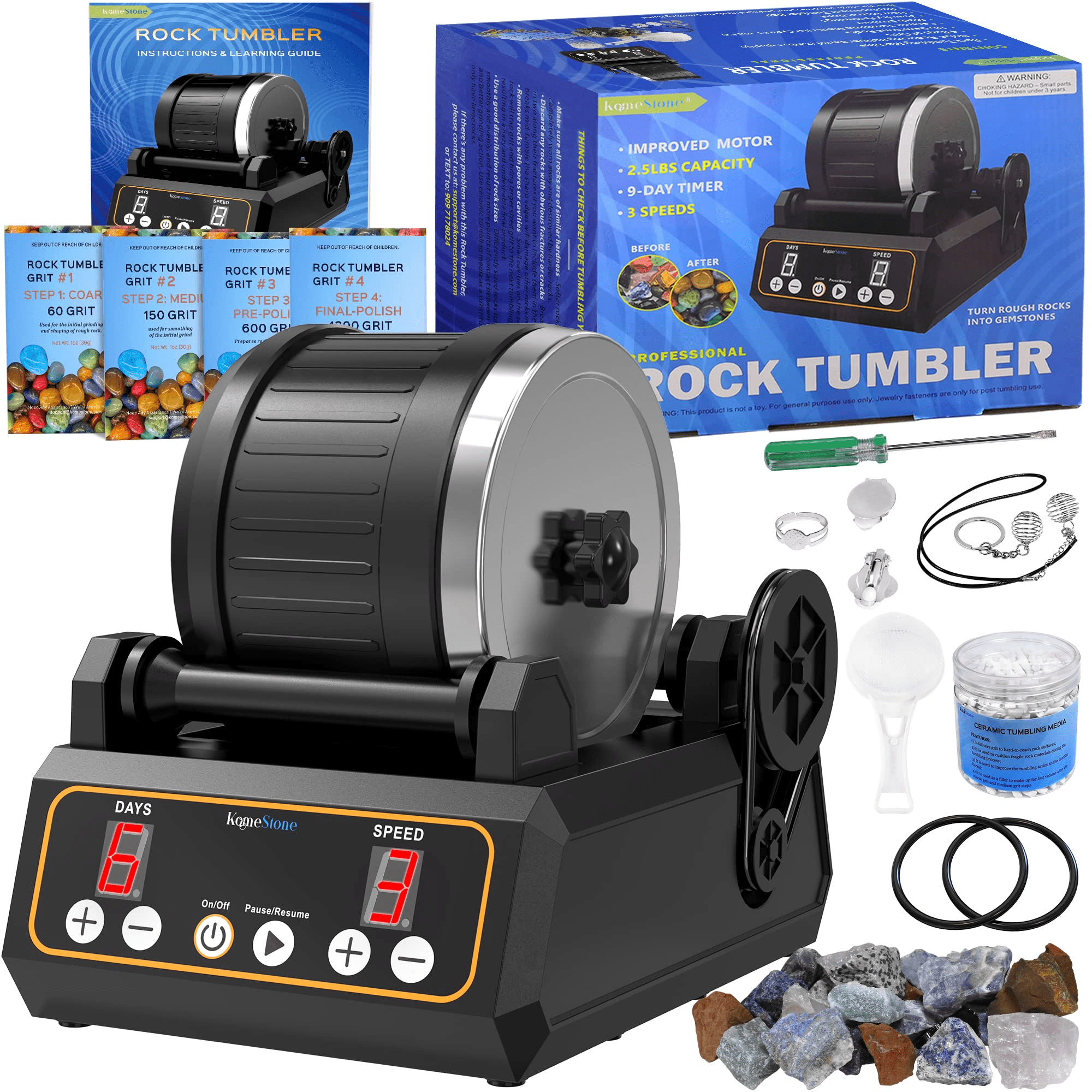 Ansten Rock Tumbler Professional Rock Tumbler kit for Kids Adults, 9-Day  Timer, 3-Speed Motor, Ultra Durable Belt, Reusable TPE Plastic Polish,  Rough Stones, Educational Projects for Boys Girls 