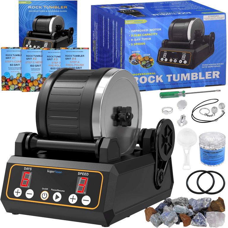 Professional Rock Polisher Tumbler Kit, Extra Large 2.5 lb.Barrel with  3-Speed Motor 9-Day Timer - Includes 3 Belts, Rough Gemstones, 4 Polishing