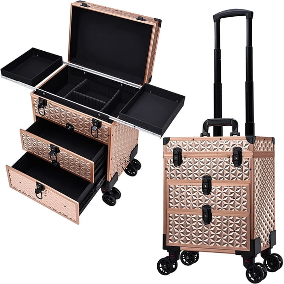 Professional Rolling Makeup Case Aluminum Trolley Train Case with Swivel Wheels for Makuep Artist Travel Cosmetic Organizer with Sliding Drawers for Nail Tech Hairstylist Barber Rose Gold