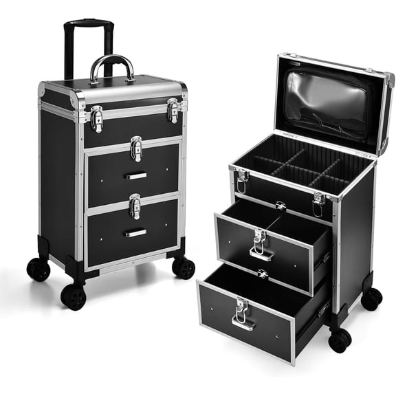 Professional Rolling Makeup Case with Drawers, Large Trolley with Locks, Storage Organizer Make up Case for Travel Makeup/ Art/Hair Styling, Matte Black