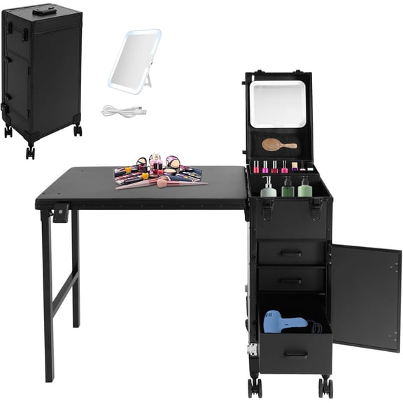 Professional Rolling Makeup Case & Manicure Table, 3-Drawer Mobile Beauty Station with LED Mirror, 110 lbs Capacity, Foldable Nail Desk for Makeup Artists, Nail Technicians (Black)