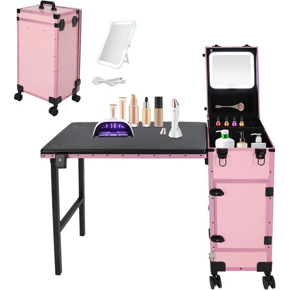 Professional Rolling Makeup Case & Manicure Table, 3-Drawer Mobile Beauty Station with LED Mirror, 110 lbs Capacity, Foldable Nail Desk for Makeup Artists, Nail Technicians (Pink)