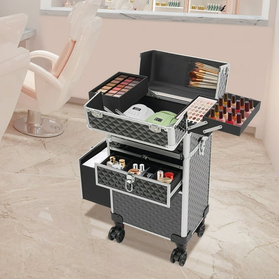 Professional Rolling Makeup Case Travel Cosmetic Storage Box Moving Salon Trolley 50kg