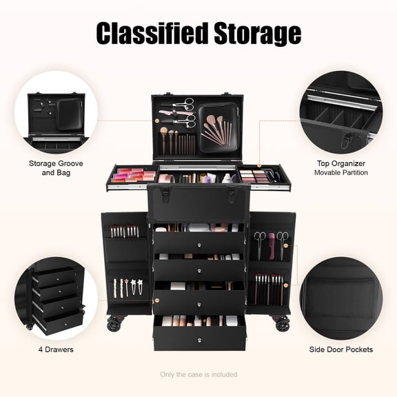 Professional Rolling Makeup Case with 6 Wheels & Drawers, Aluminum Alloy Travel Organizer for Cosmetics