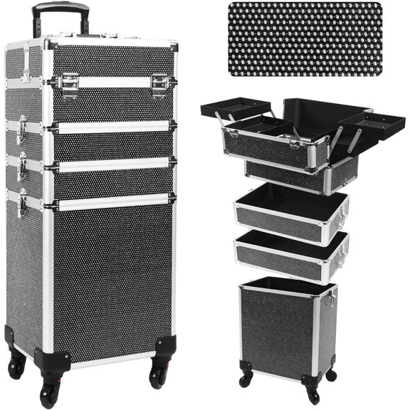 Professional Rolling Makeup Case with Wheels, 5-in-1 Makeup  Case,  Makeup Trolley Cart Travel  Case  Wheels with Key for Hairstylists,  Tech(Black )