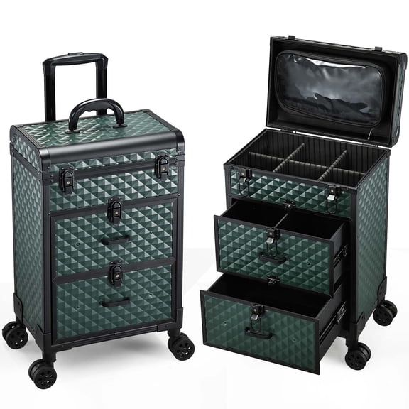 Professional Rolling Makeup Train Case, Large Cosmetology Storage Cart With Drawers, Travel Nail Salon Beauty Organizer Trolley On Wheels, Mobile Hairstylist Vanity Box, Matte Dark Green