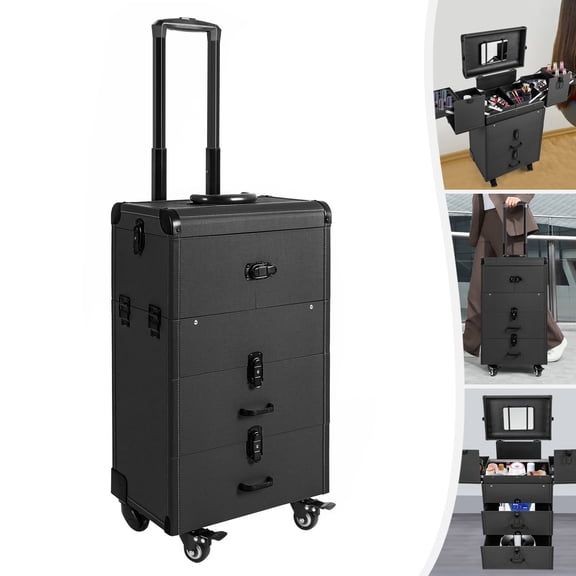Professional Rolling Makeup Train Case with Mirror, 4-Tray 2-Drawer Lockable Cosmetic Organizer Box, Large Capacity Beauty Storage Case 110.23LBS Bearing for Salon Personal Use