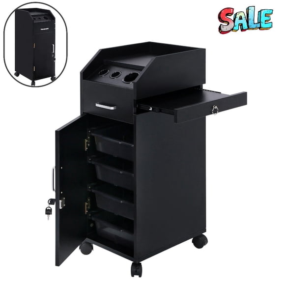 Professional Salon Trolley with 4 ABS Trays, Lockable Storage, Sliding Side Tool Tray, Stainless Steel Tool Holders & Casters – Rolling Salon Cart for Hair Stylists, Barbers & Beauty Studios (Black)
