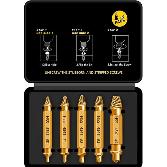 Professional Screw Extractor Set, 5-Piece HSS 4341 Double-Headed Drill Bits, Gold Titanium-Coated Steel, M3-M18 Size Range with Storage Case, for Damaged Screw Removal