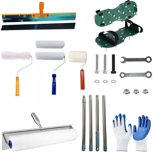 Professional Self-Leveling Cement Tool Kit - 20" Spiked Roller with Extension Pole for Self Leveling, 2 Paint Rollers, Spike RollerSpike Shoes and Glove for Concrete & Epoxy Floor Leveling