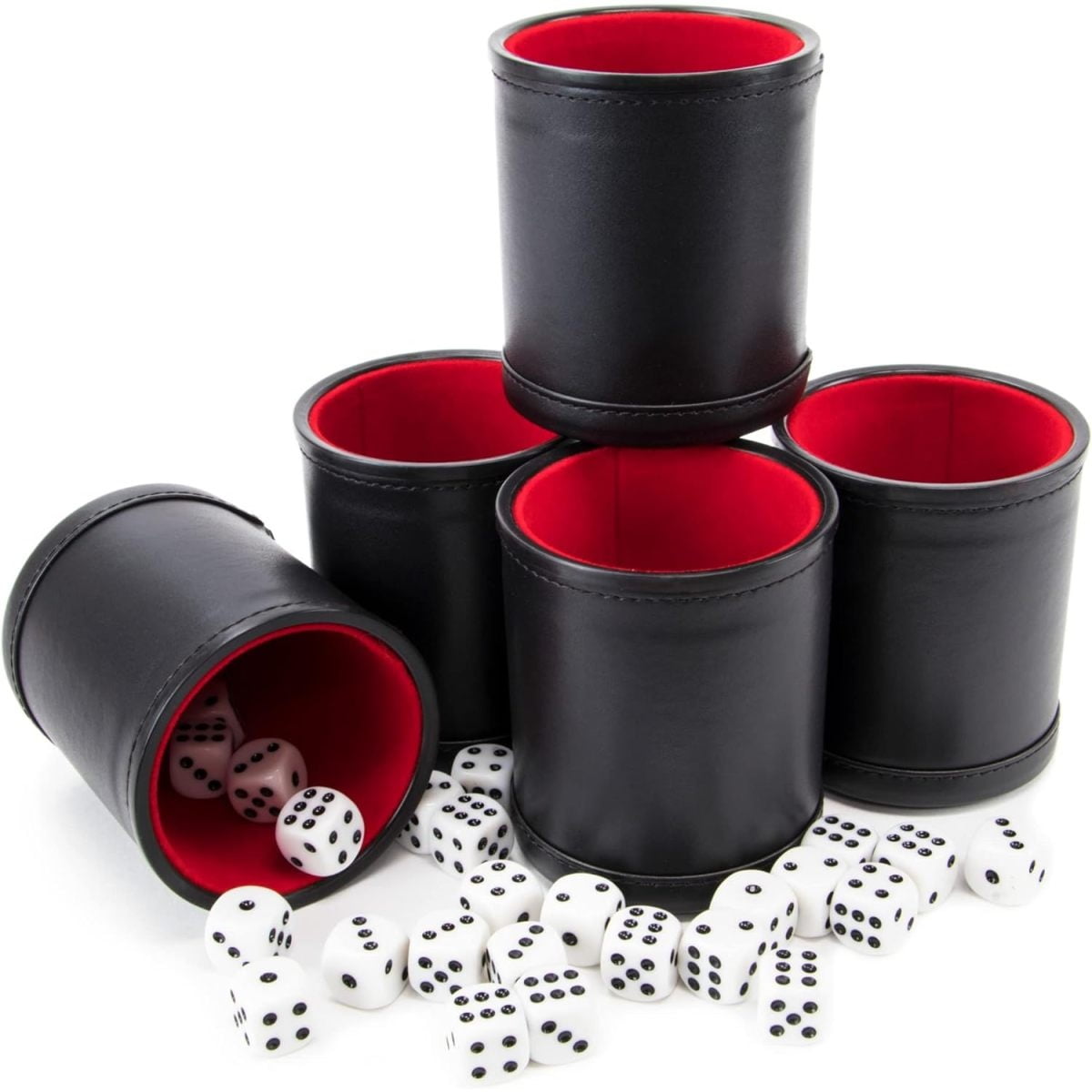 Professional Shaker Cups | Leather with Velvet Felt-Lined Interior | 5 Red Lined Cups and 25 Dice Set